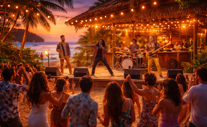 Beach live music vibes in Caribbean island with band performing