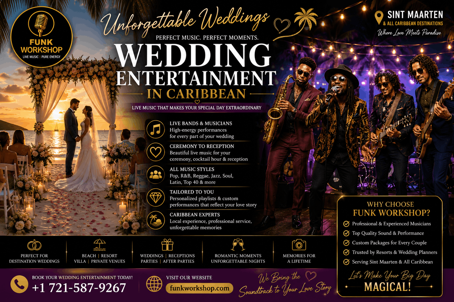 Wedding entertainment in Caribbean featuring live music, destination weddings, beachfront celebrations, and luxury reception entertainment